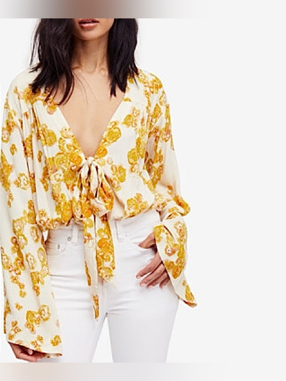 FREE PEOPLE Women's Floral Tie-Front Body Suit Blouse - Yellow/Cream Medium